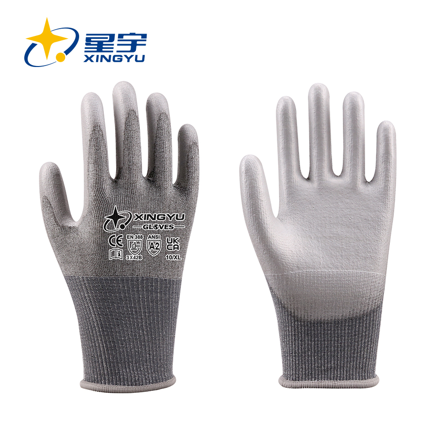 18G HPPE+Spandex+Nylon+Glass fiber Liner Polyurethane Smooth Coated Gloves, EN388 4X42B,ANSI CUT A2 